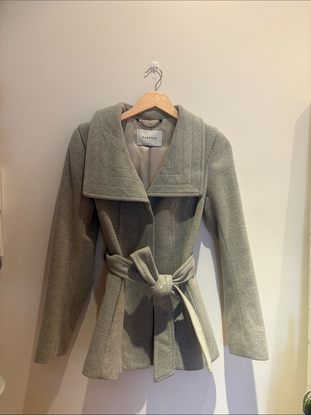 Babaton Sage Green Wool Tie-Waist Trench Coat